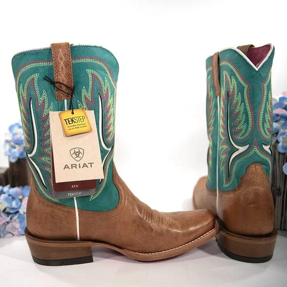 Ariat Futurity Colt Embroidered Cenote Blue Tan Leather Western Cowboy Boots 9.5 - Picture 11 of 12